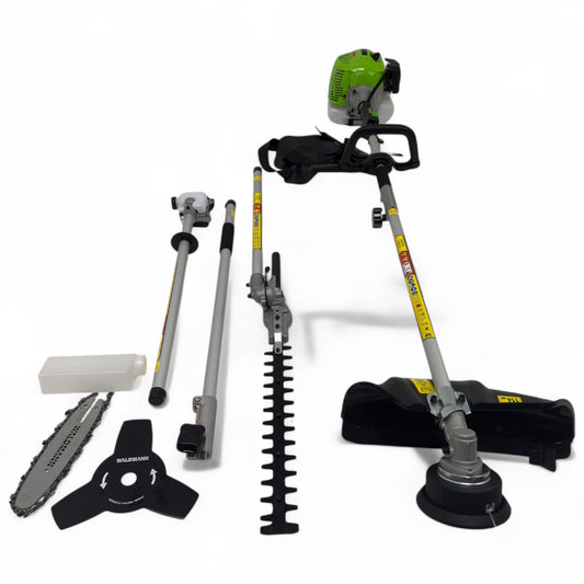 Benzin Motorsense 4in1 Multitool für Garten - Rasentrimmer, Heckenschere, Hochentaster, Kettensäge