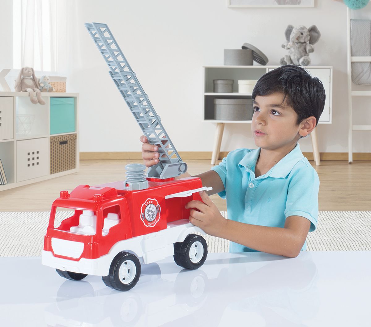 Feuerwehrauto Fahrzeug Spielzeugauto LKW 53cm Leiter Rot Wasserpumpe Neu